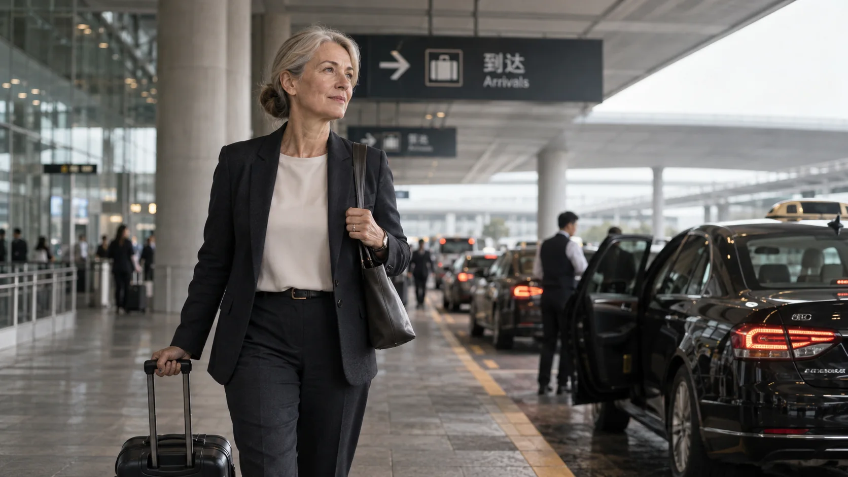 Arriving at an airport taxi forecourt, overcast light
