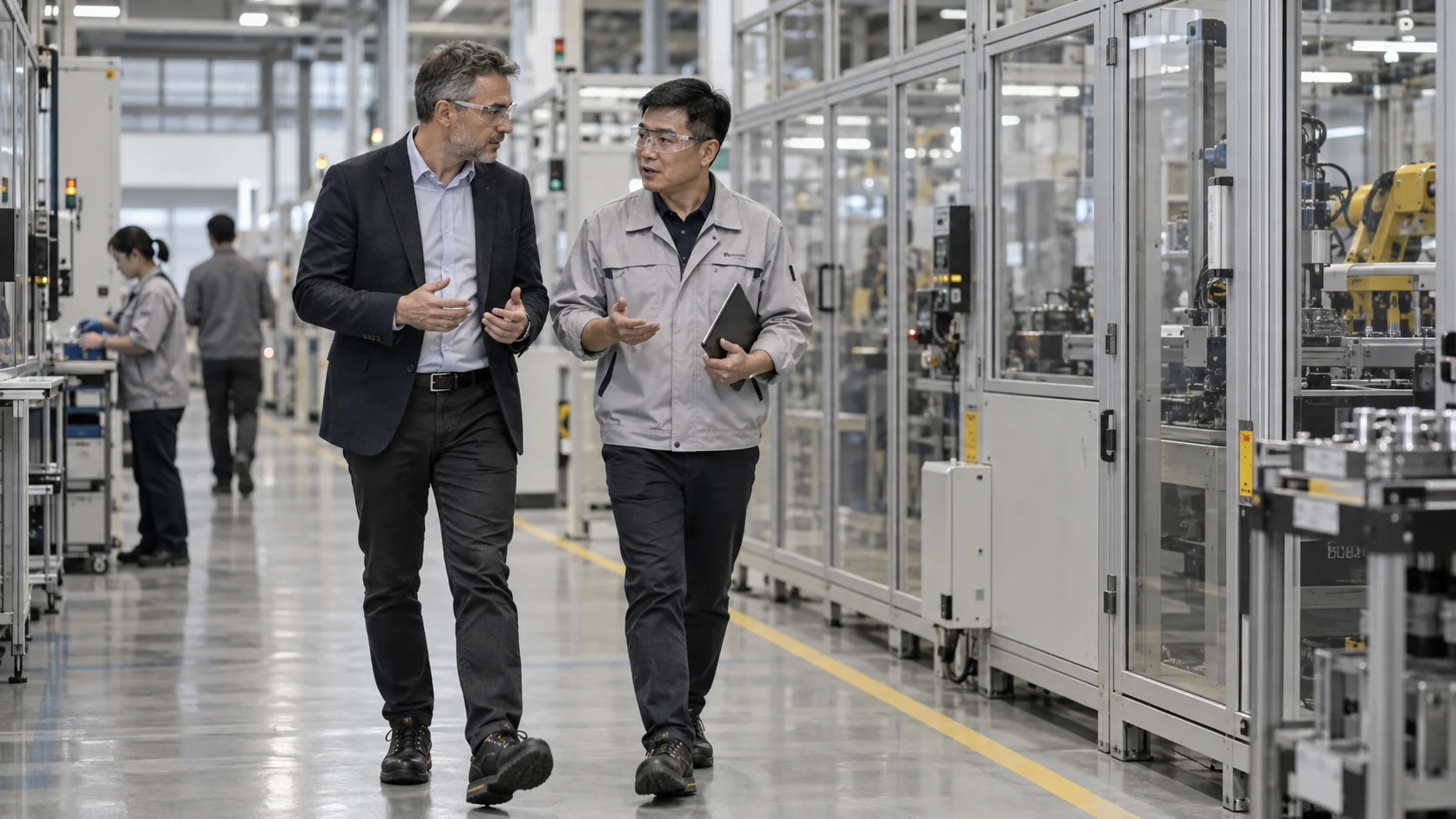 A visiting executive and a Taiwanese plant manager in conversation on a production floor