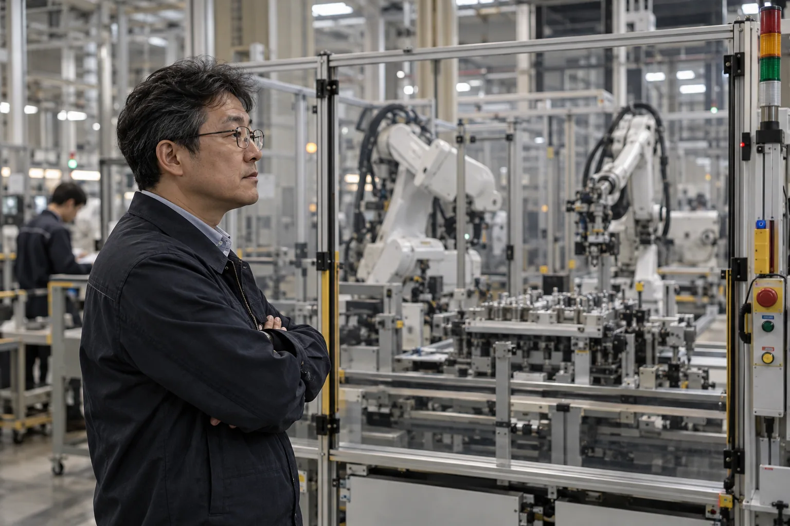 An engineer beside an automated electronics production cell