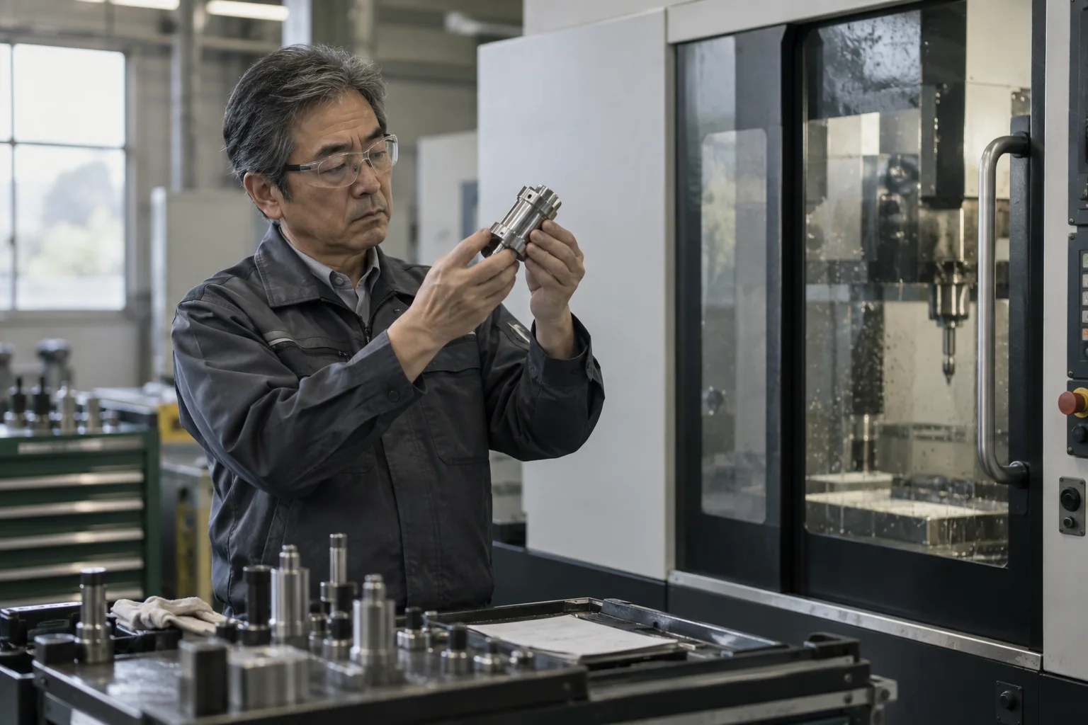 A technician measuring a machined part beside a CNC machine