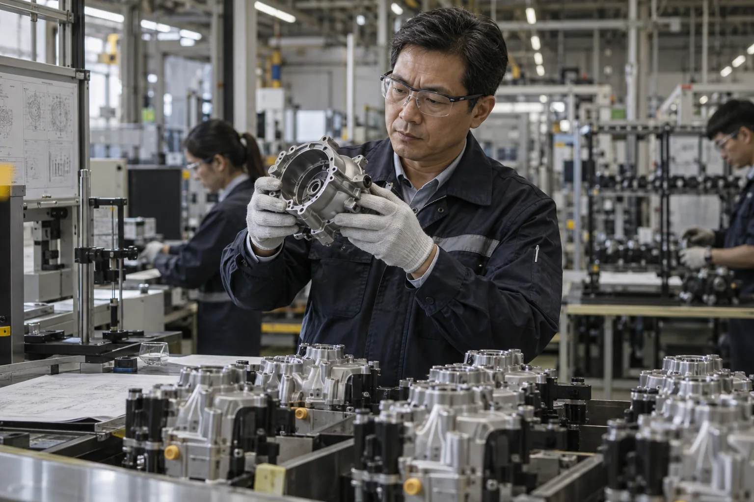An engineer inspecting a machined component on a production floor