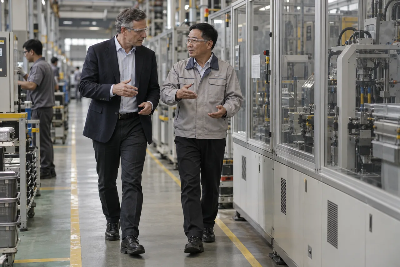 A candid exchange beside enclosed machinery during a supplier visit