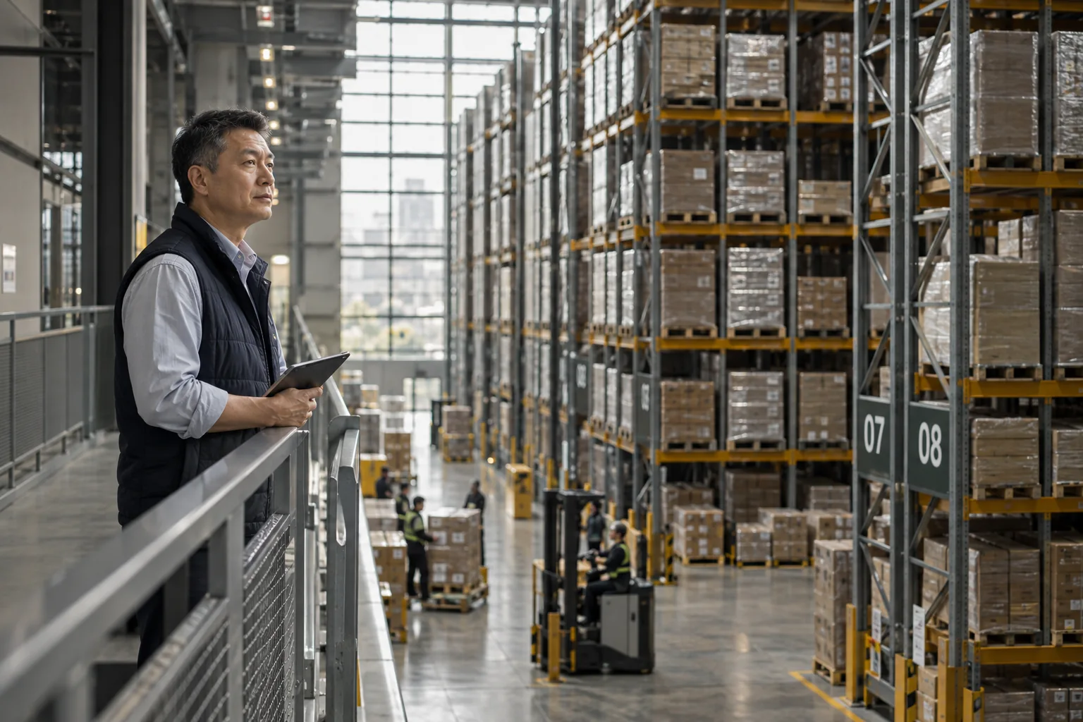 A single operations manager on a protected walkway in a high-rack warehouse