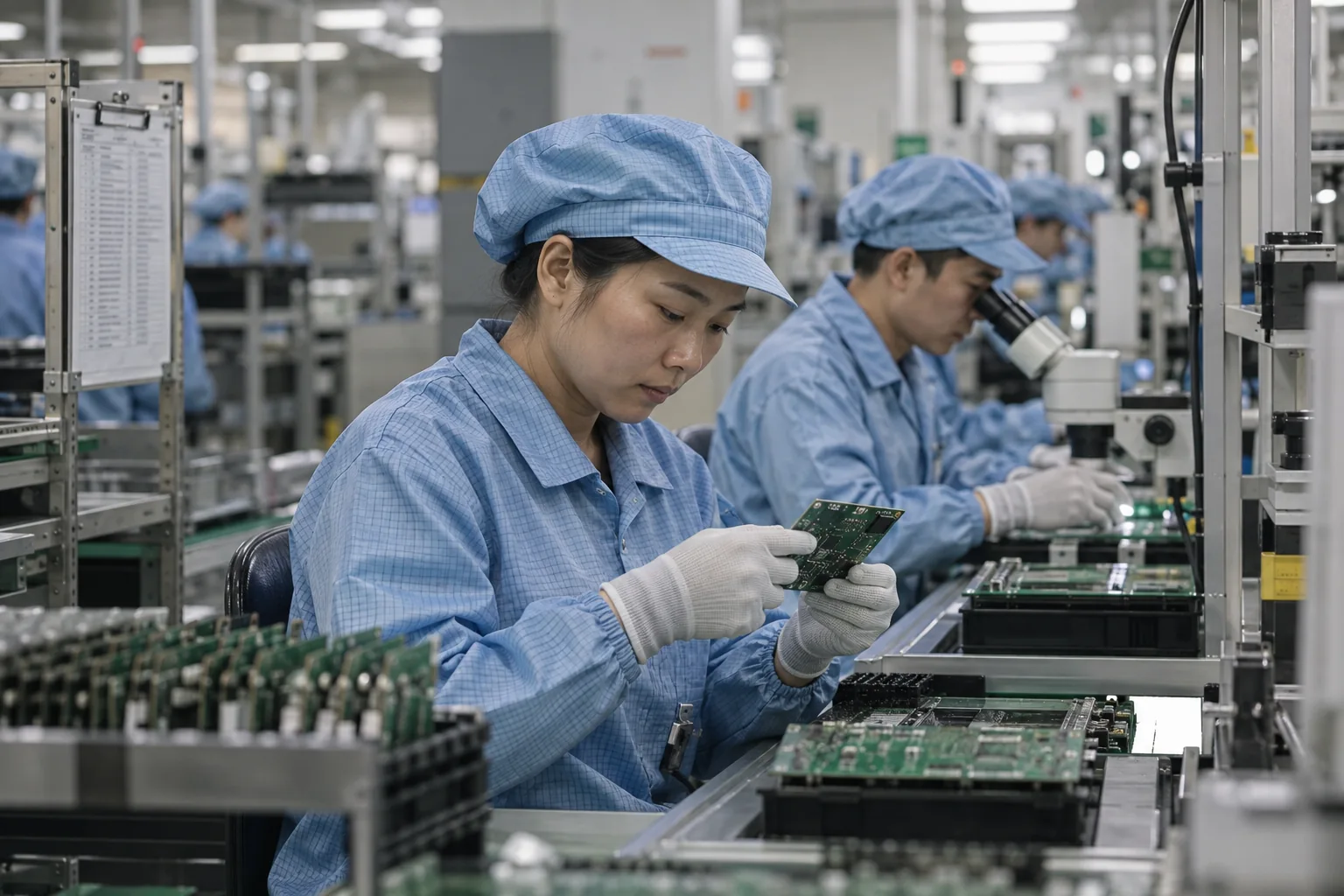 Technicians assembling circuit boards on a production line