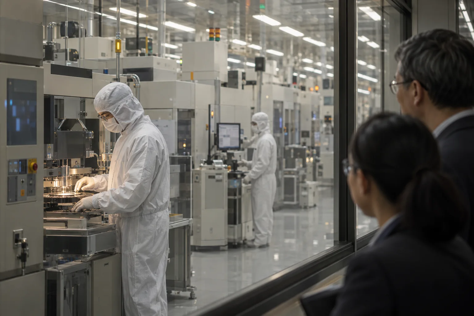Cleanroom engineers seen through observation glass