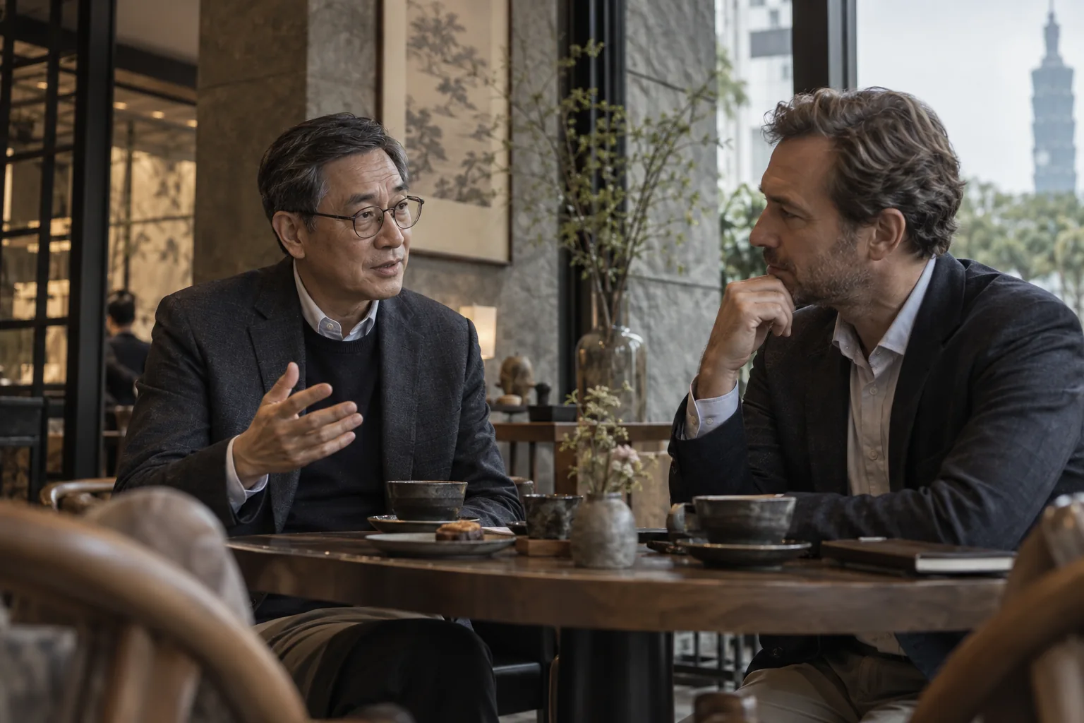 A senior consultant and a visiting executive talking over coffee in Taipei