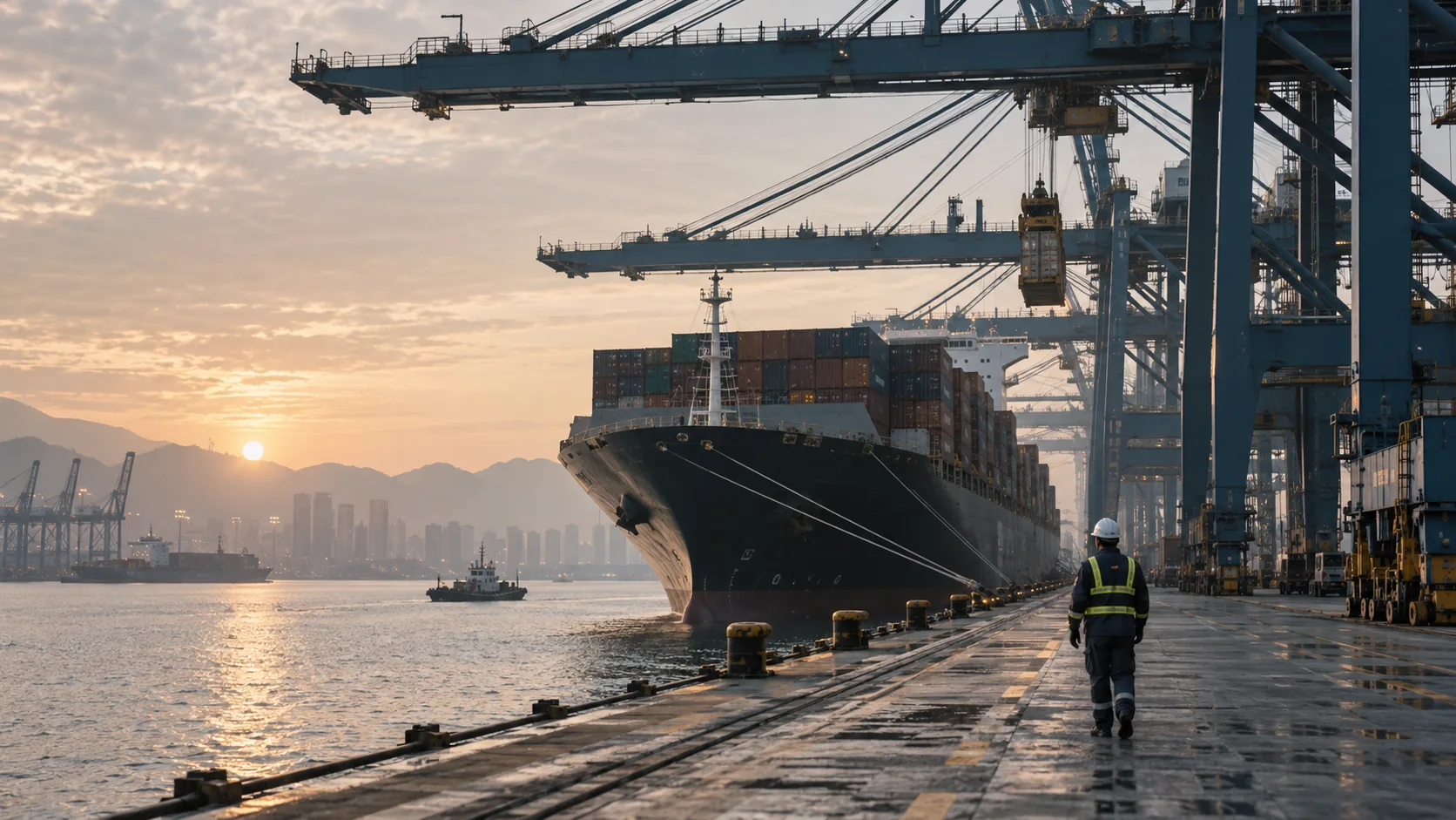 Container terminal at dawn, a dock worker giving the cranes scale