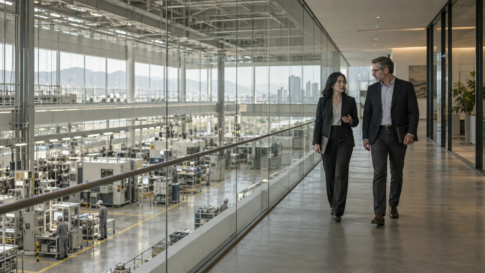 Colleagues walking along a factory observation corridor
