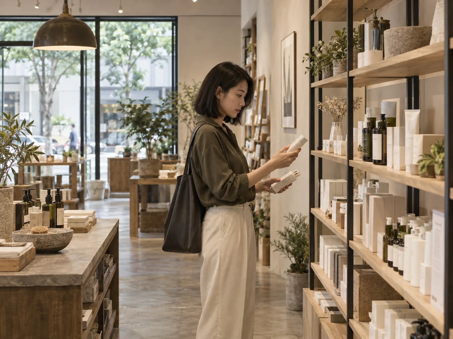 A retail buyer reviewing consumer products on a store shelf