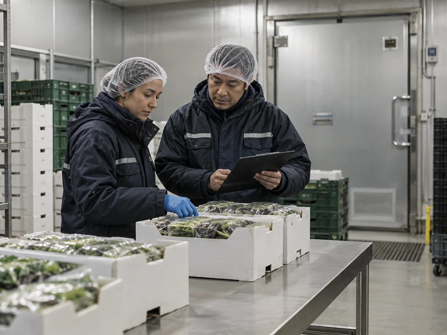 Staff inspecting chilled produce in a cold room