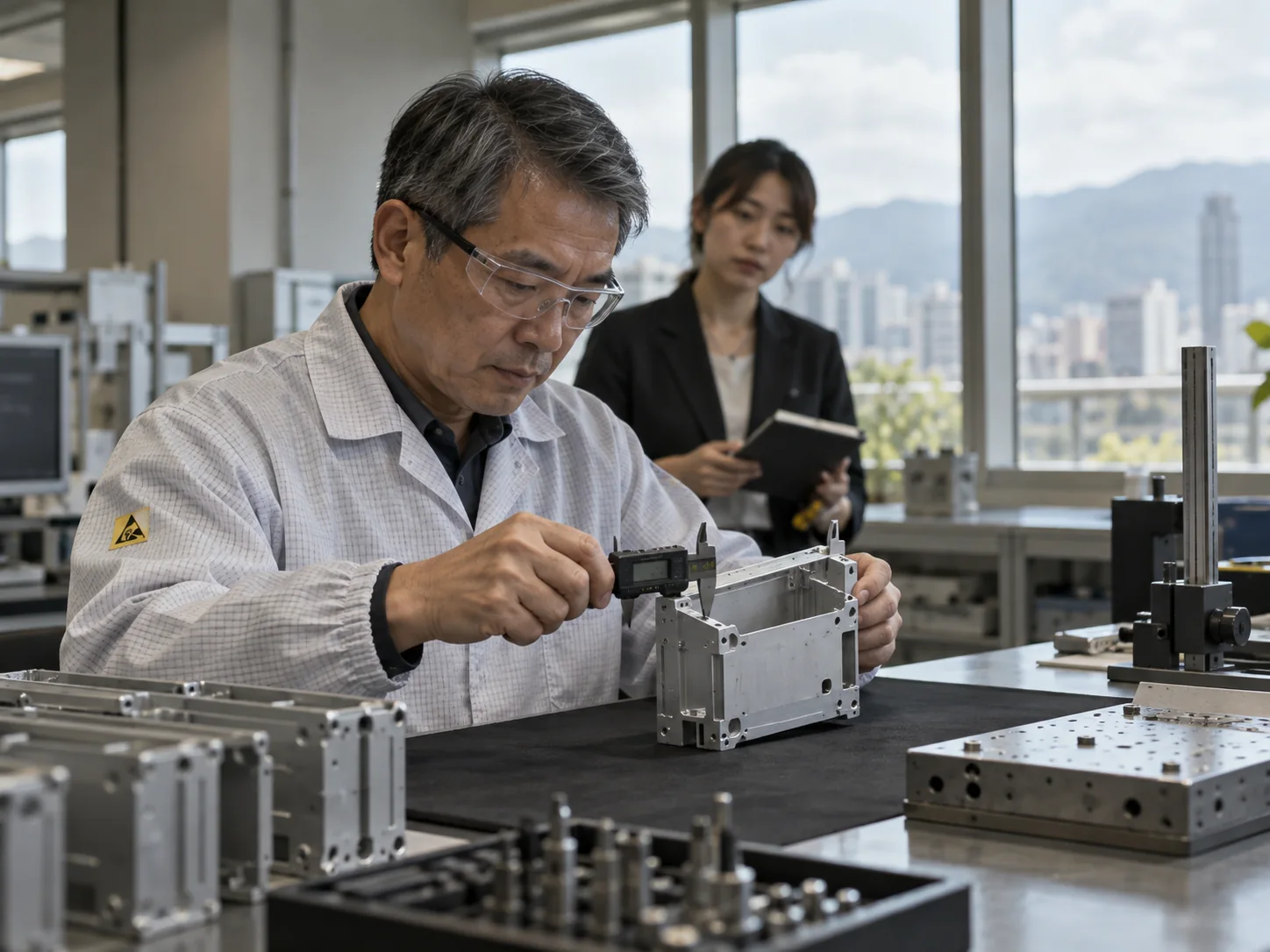 A quality engineer measuring an electronics enclosure
