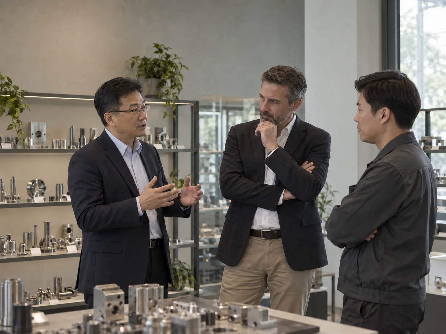 A sales team discussing components with an industrial customer