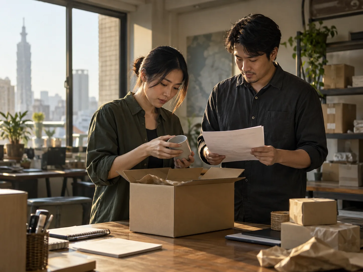 Operations staff checking a sample shipment and paperwork